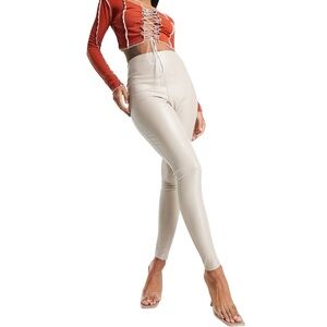 Missy Empire ASOS High Waist Faux Leather Leggings Stone sz 5 Slim Stretch Fit